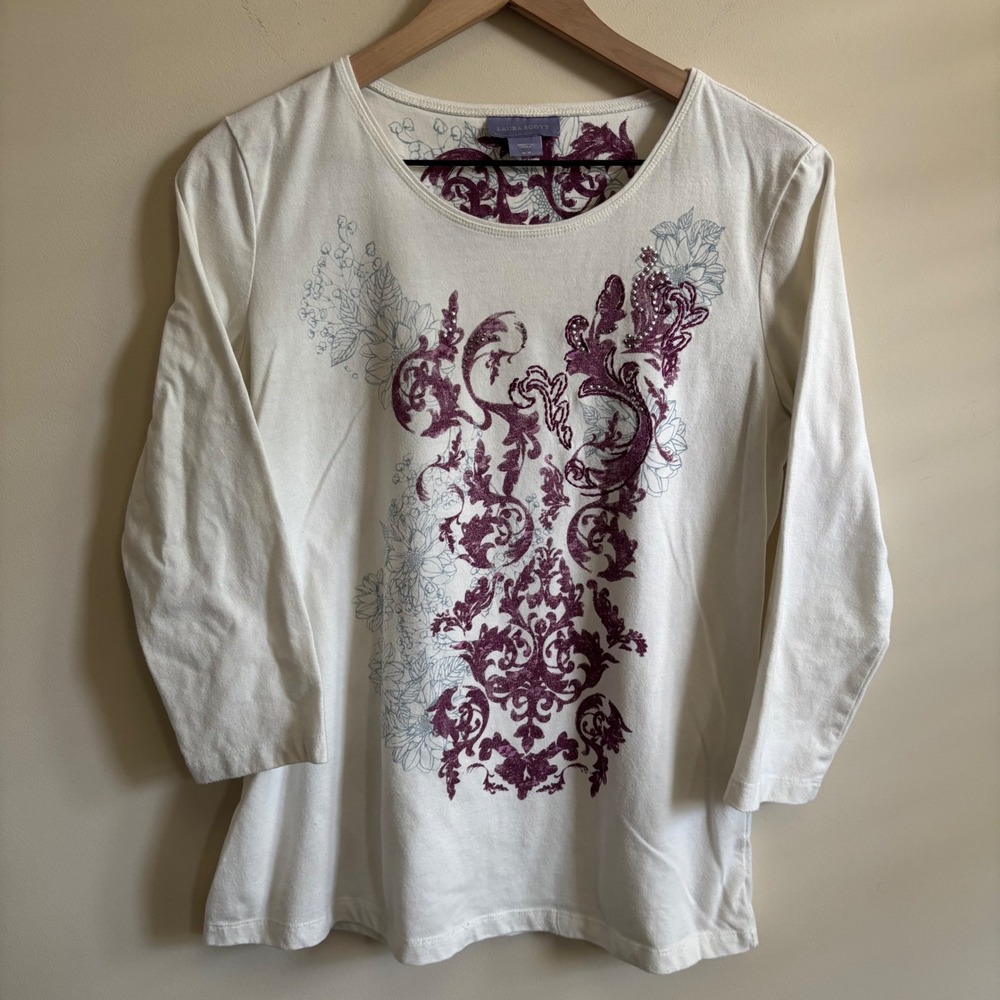 Laura Scott Cream White Purple Damask Floral Rhinestone Top 3/4 Sleeve Medium